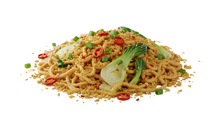 Spicy stir-fried noodles with bok choy and red chili peppers isolated on white background, perfect for Asian cuisine menus