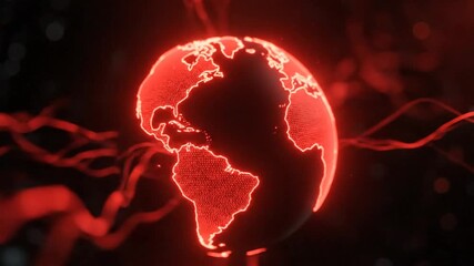 Futuristic Red Digital Earth Globe Spinning Amidst Flowing Energy Waves in Dark Space - Powered by Adobe