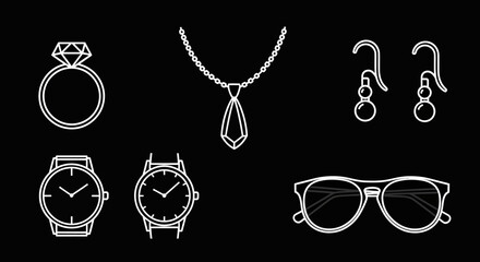 Minimalist Fashion Accessory Vector Icon Set with Jewelry Watch and Glasses Line Art