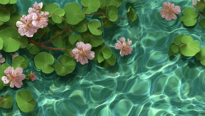 Water surface with blossoms and leaves