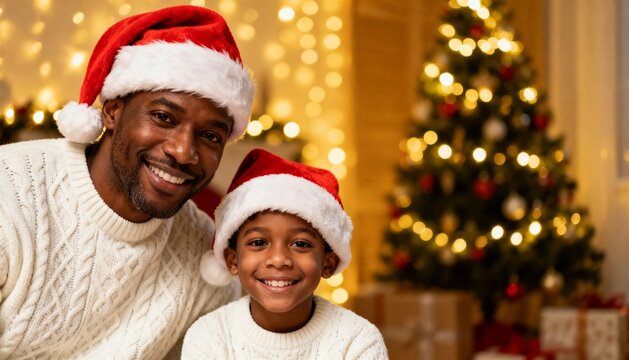 Cheerful African American father son Christmas portrait Santa hats white sweaters holiday family bonding home celebration festive seasonal joy masculine love winter cozy atmosphere tree lights - Powered by Adobe