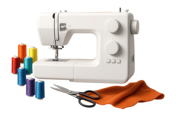 Sewing machine with orange fabric, colorful threads, and scissors on a gray background.