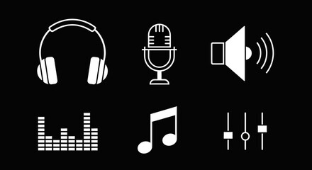 Minimalist Music Icon Set Vector with Headphones Microphone and Sound Wave Symbols