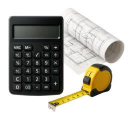 Close-up of a calculator, yellow measuring tape, and architectural blueprint representing engineering and construction precision.