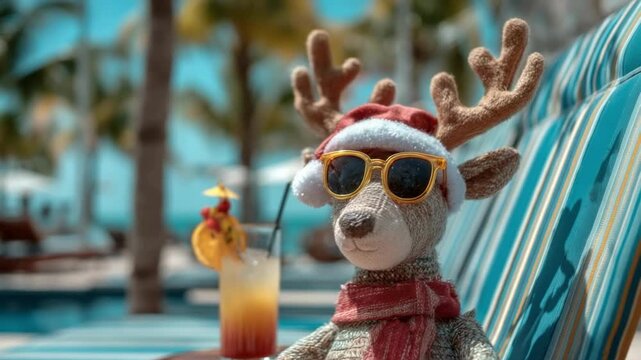 Santa's cheerful reindeer sunbathes on a beach chair, enjoying a refreshing drink under palm trees in summer.