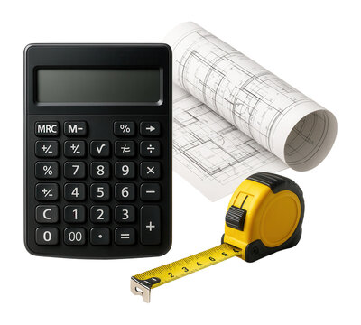 Close-up of a calculator, yellow measuring tape, and architectural blueprint representing engineering and construction precision.