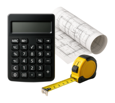 Close-up of a calculator, yellow measuring tape, and architectural blueprint representing engineering and construction precision.