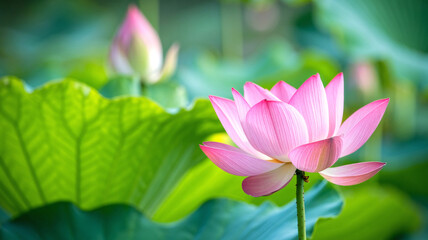 Obraz premium Serene pink lotus blossom emerging gracefully from vivid green leaves in a tranquil garden