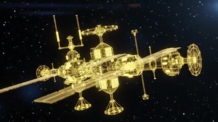 Futuristic Space Station Wireframe Model Rotating in Starry Cosmos - Digital Technology Concept - Powered by Adobe
