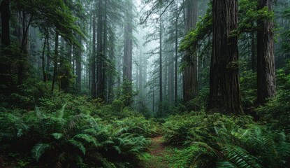 Lush redwood forest shrouded in mist (1)