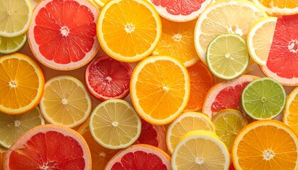 A vibrant and refreshing arrangement of freshly sliced citrus fruits, including oranges, lemons, limes, and grapefruits, embodying natural freshness and healthy living