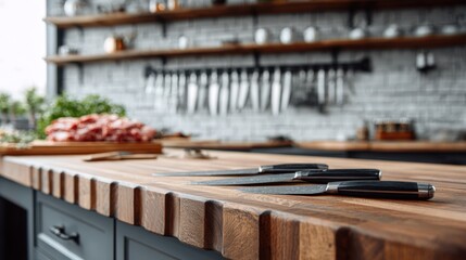 Closeup on walnut butcher block counter edge detailed wood texture in focus while the meat preparation tools remain softly out of focus in the background