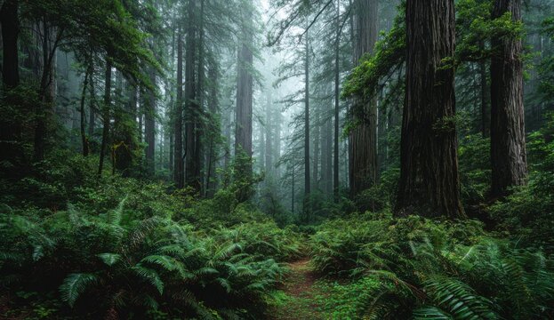 Lush redwood forest shrouded in mist (1)