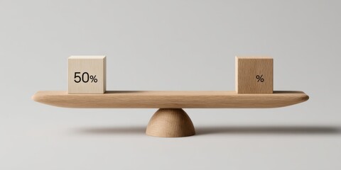Wooden balance scale with 50% and % symbols