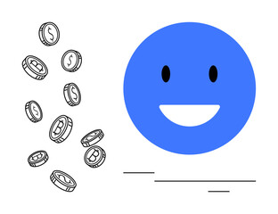 Blue smiling face next to scattered coins with dollar and bitcoin logos. Ideal for finance, cryptocurrency, savings, profit, investment, happiness, success themes. Simple flat metaphor