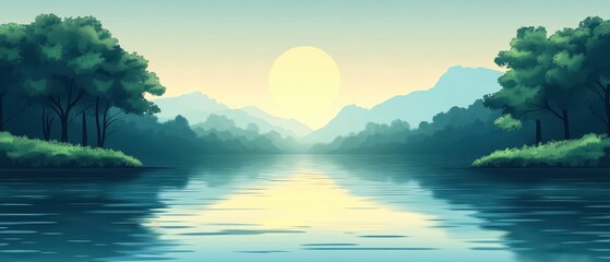 Serene landscape with sun over mountains and calm river reflection.