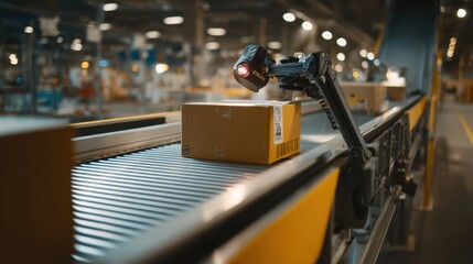 Medium shot of a barcode scanner focusing on a package as the background machinery blurs in an automated sorting center
