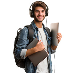 a happy young man with headphones, carrying a laptop and backpack, isolated on a transparent background.