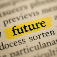 Macro close-up shot of printed word future highlighted in yellow marker on a page, representing vision, planning, and forward-looking concepts.  
