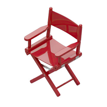 A vibrant, glossy red director's chair stands empty and isolated against a clean white background, symbolizing the world of film, entertainment, and creative production.