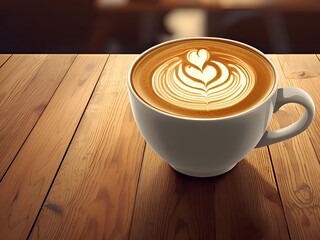 Indulge in a warm cup of latte art, a delicious heart shaped coffee on a wooden table