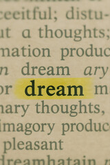 Macro photo of printed word dream highlighted in yellow marker on paper background. Perfect for visuals about imagination, vision, and inspirational concepts.  

