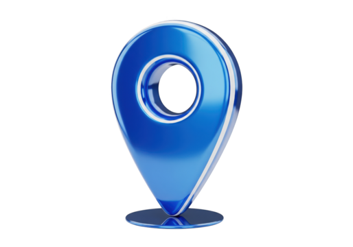 Shiny blue location pin isolated on transparent background, 3d rendering, with base