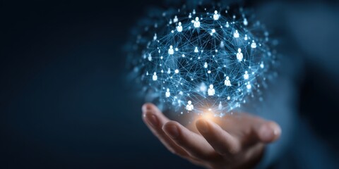 A hand holds a digital network sphere