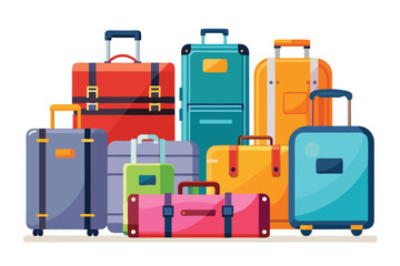 Colorful collection of travel luggage arranged together in various shapes and sizes at a travel destination