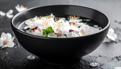 Delicate white blossoms float in a dark bowl of water