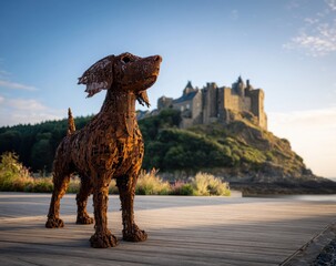 Naklejka premium Rusty dog sculpture by the sea