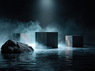 Dark Atmospheric Scene With Stone Pedestals and Wispy Smoke abstract background