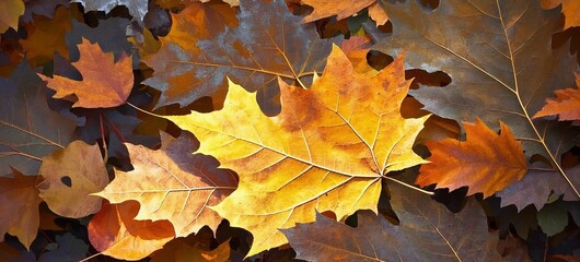 Fototapeta premium Abstract fall leaves pattern background with overlapping silhouettes in warm colors. Generative AI.