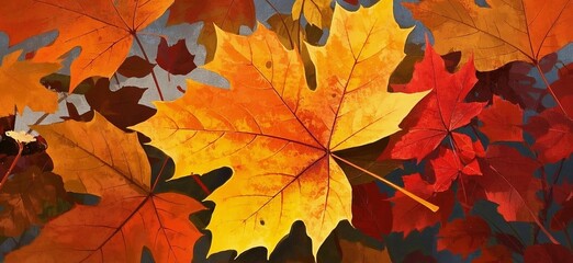 Fototapeta premium Abstract fall leaves pattern background with overlapping silhouettes in warm colors. Generative AI.