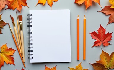 Autumn leaves art supplies notebook pencils image