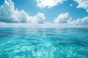 Turquoise Ocean Waters Reflecting Sunlight Below Fluffy Clouds on a Bright Blue Sky Day
