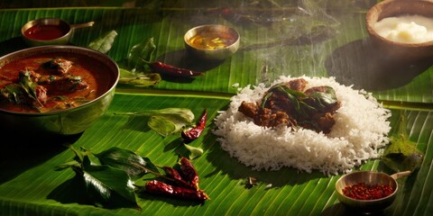 Traditional Andhra meal of Gongura mutton curry and steamed rice on banana leaf