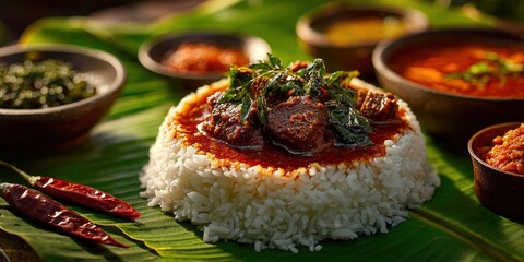 Traditional Andhra meal of Gongura mutton curry and steamed rice on banana leaf
