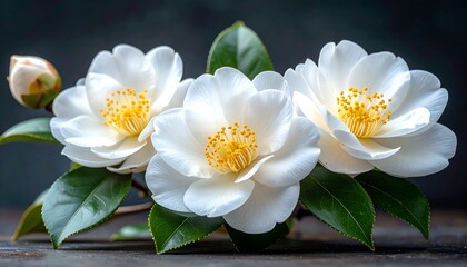 Delicate white camellias on dark wood