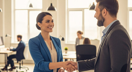 Smiling businesswoman shaking hands with a businessman in a modern office setting.