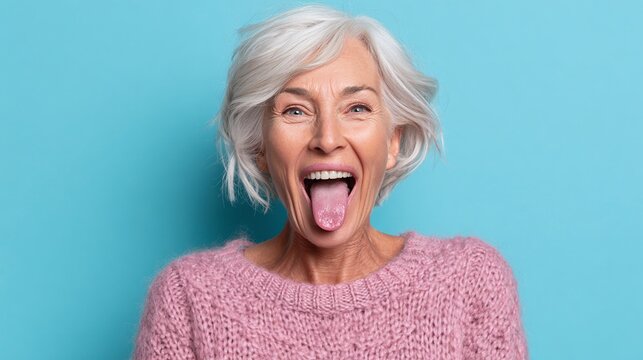 A cheerful older woman with short grey hair playfully sticks out her tongue against a solid blue backdrop, radiating youthful energy and a fun-loving spirit.