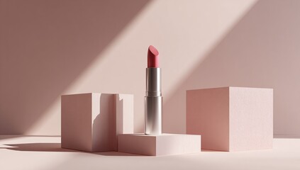 Elegant lipstick display with flowers on pastel podium background, luxury cosmetic branding design for fashion beauty and product marketing visuals