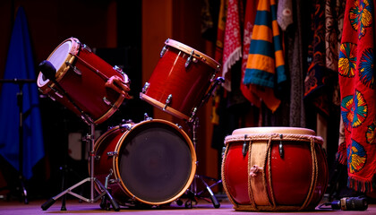 Red drums and congas arranged on stage with colorful backgrounds  