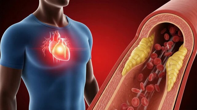 A male torso with glowing heart and artery showing plaque buildup and red blood cells highlighting poor blood circulation, high cholesterol, circulation issues
