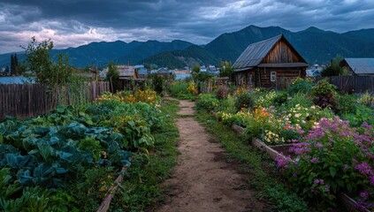 Rustic garden path leading to mountain village at dusk