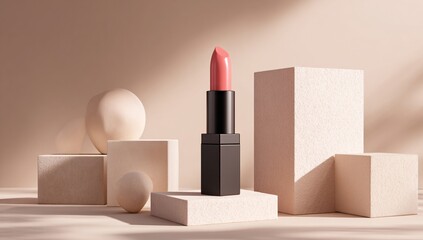 Elegant lipstick display with flowers on pastel podium background, luxury cosmetic branding design for fashion beauty and product marketing visuals
