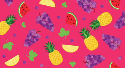 A vibrant and colorful fruit pattern featuring pineapples grapes and watermelon slices.