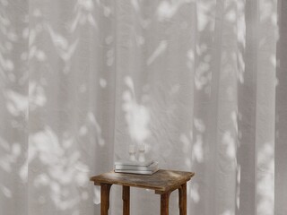 Cozy Still Life with Candles and Books on Wooden chair with Natural Light and Shadow on White Fabric Curtain Background 1
