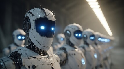 Fototapeta premium Futuristic robots standing in formation, showcasing advancements in artificial intelligence and robotics engineering in a sleek, modern setting.