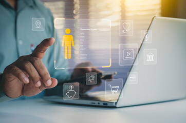 Niche marketing, Buyer persona personalization concept. Target customer, customer behavior, Marketing segmentation strategy, Consumer analysis. Marketer using laptop analyze target customer data.